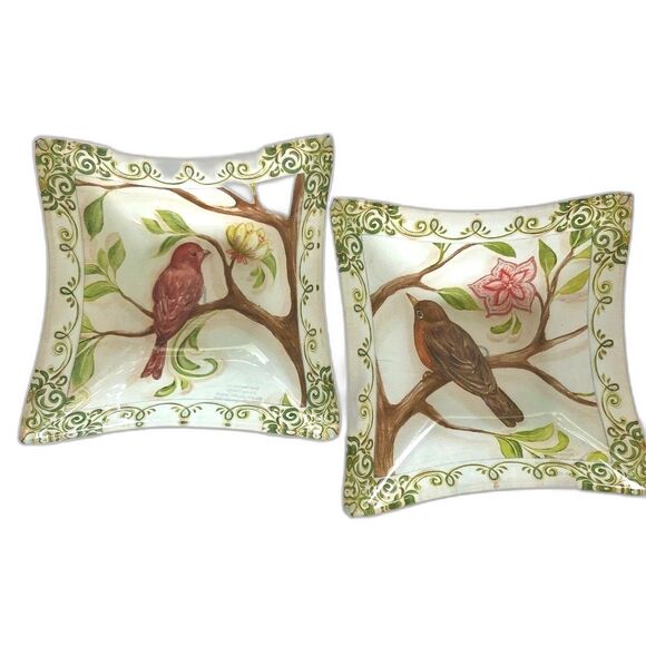 Prima Design Square Glass Multi-purpose Dishes Set Of 2 Floral & Bird Design - Picture 1 of 8